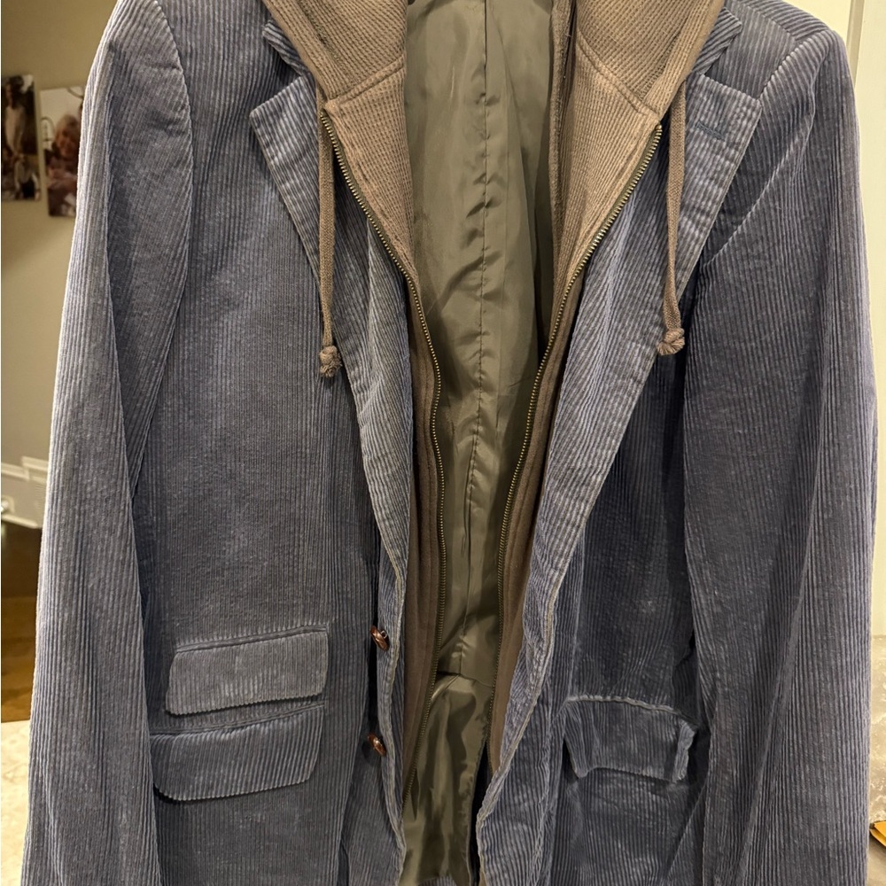 Men's vintage Dragonfly  Blue Corduroy Jacket with built in zip up hoodie.